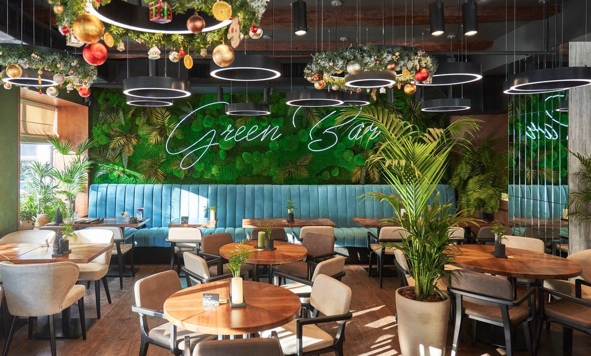 Custom upholstered furniture by Yavorina for Green Bar restaurant in Kyiv