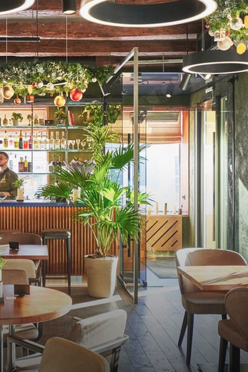 Custom upholstered furniture by Yavorina for Green Bar restaurant in Kyiv