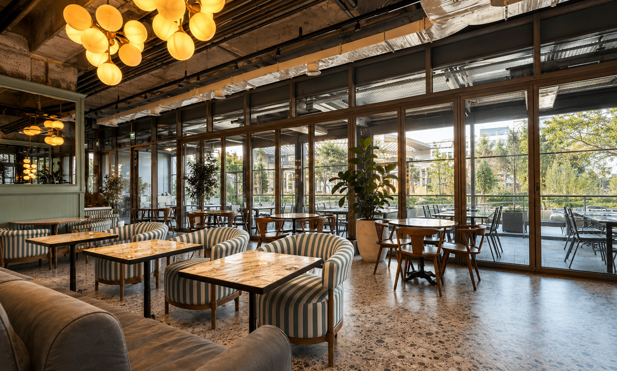 Інтер’єр ресторану Milk Bar Baku зі смугастими м’якими кріслами та столами від меблевої фабрики Яворина