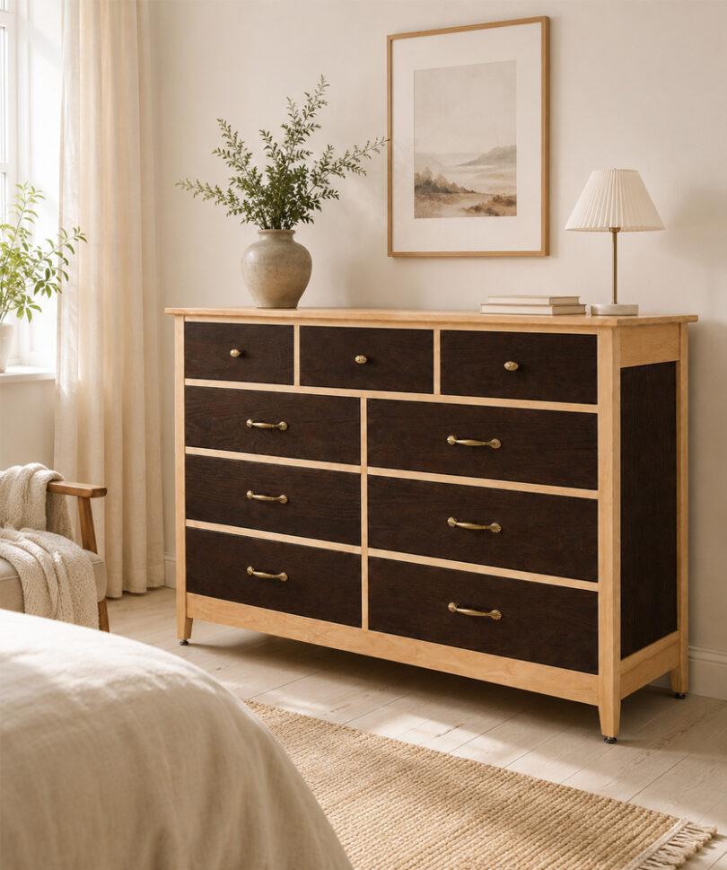 Комод Dresser D-4 с тёмными деревянными фасадами и боковиной в светлом скандинавском интерьере