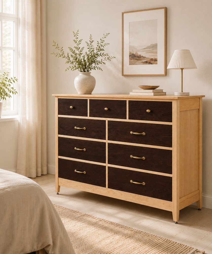 Dresser D-4 with dark wood drawer fronts and a light side panel in a Scandinavian interior