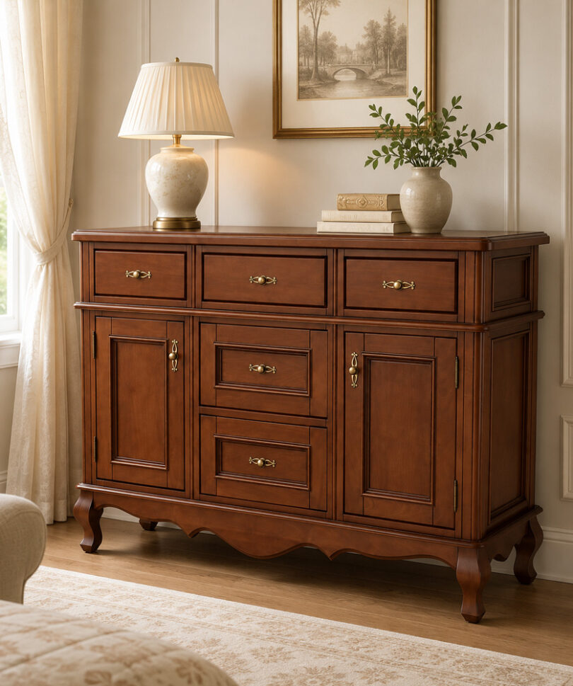 Коричневий комод Dresser D-6 з латунною фурнітурою у світлому класичному інтер’єрі
