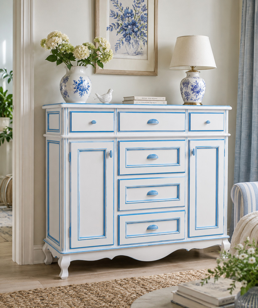 Білий комод Dresser D-6 з блакитним декором у світлому інтер’єрі